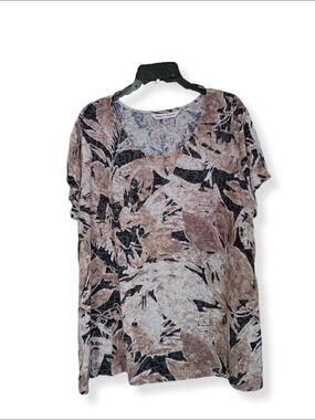 Rebecca Malone Neutral Abstract Floral Burnout Tee in Taupe & Black - 3XL